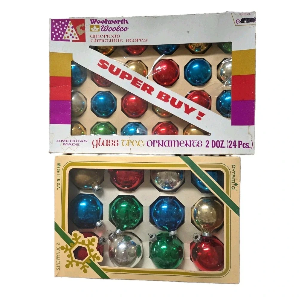 2 Pkgs Multicolor Glass Ornaments Woolco/Pyramid Vintage Holiday Decor USA Made